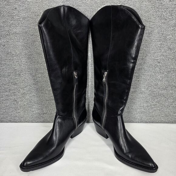 ZARA WOMEN'S BLACK LEATHER COWBOY KNEE HIGH BOOTS – POINTED TOE, WESTERN HEEL - Picture 4 of 13